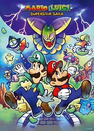 Mario and Luigi Superstar Saga poster / Cartoon illustration with Mario and Luigi jumping across a castle bridge as spooky creatures pursue them. There are lightning bolts in the dark sky above. The game title text reads Mario & Luigi Superstar Saga. / Image credit: Nintendo