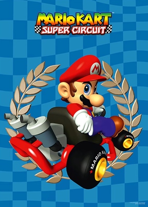 Mario Kart Super Circuit / A CGI Super Mario looks over his shoulder while sitting in a go kart, against a blue chequerboard background. The title text reads "Mario Kart Super Circuit". / Image credit: Nintendo