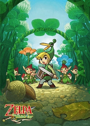 The Legend of Zelda: The Minish Cap / Cartoon illustration with Zelda series protagonist Link on a path surrounded by tall plants. He has a shocked expression, is wearing a green tunic and a bird-like hat, and is holding a sword and shield. In the background are five elfish figures. / Image credit: Nintendo