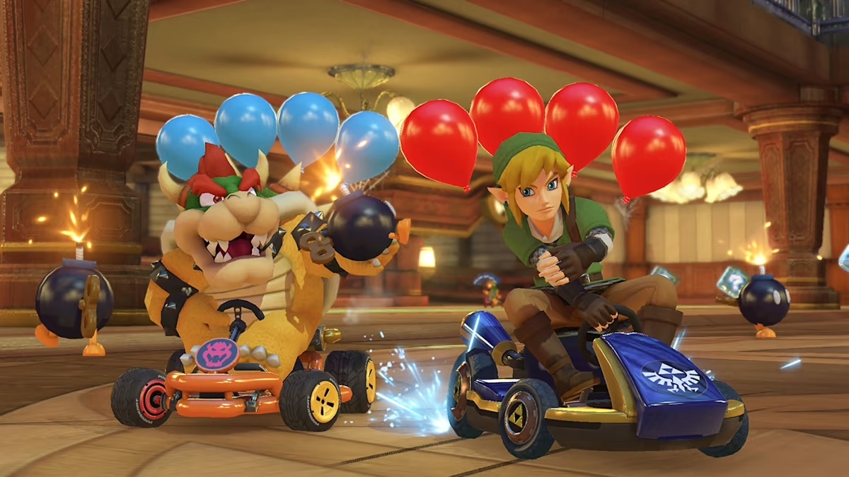 Bowser and Link battle in Mario Kart 8 Deluxe / Bowser from the Super Mario series and Link from the Legend of Zelda series clash in Mario Kart 8 Deluxe's battle mode. / Image credit: Nintendo