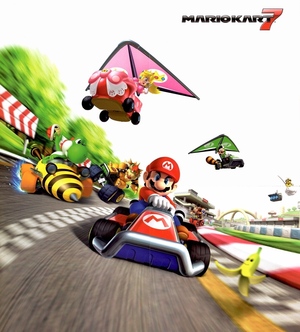 Nintendo Power Issue 275 Poster Side A Mario Kart 7 (cropped) / Promotional poster for Mario Kart 7. Cropped to remove border with ESRB rating information. Mario speeds around a racing circuit in a go-kart, pursued by Yoshi and Bowser. Peach and Luigi are flying overhead with gliders attached to their karts. / Image credit: Nintendo