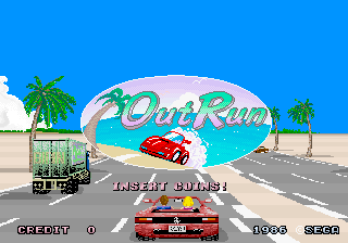 Out Run title screen / Title screen from the Sega arcade driving game Out Run, produced by an emulator. Rear view of a red Ferrari convertible driving on a wide road with sand and palm trees either side. Text reads "OutRun", "INSERT COINS!", "CREDIT 0", and "1986 SEGA". / Image credit: SEGA