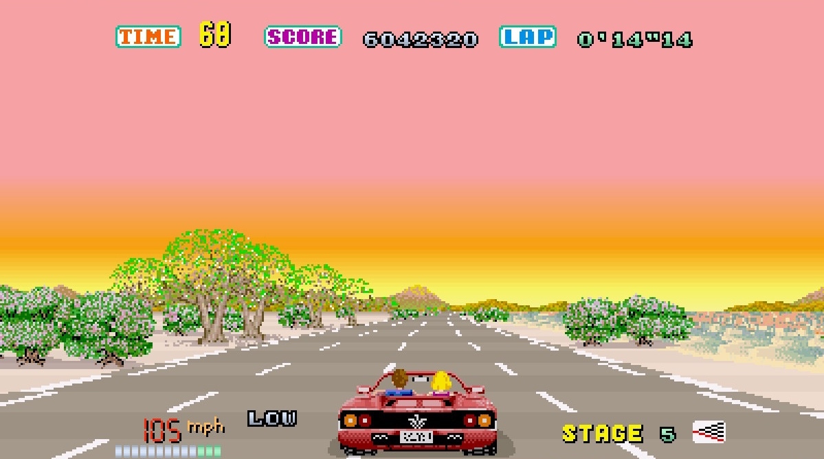 SEGA AGES Out Run Nintendo Switch, Autobahn stage / Widescreen rear-view of a red convertible sportscar driving through a desert at sunset, with text overlay detailing time left, score, lap time, speed, gear, and stage number. / Image credit: SEGA