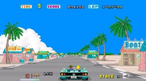 SEGA AGES Out Run for Nintendo Switch, Coconut Beach screenshot / Widescreen rear-view of a turquoise sports car driving on a road lined with palm trees. The HUD shows time remaining, score, lap time, speed, gear, and stage number. / Image credit: SEGA