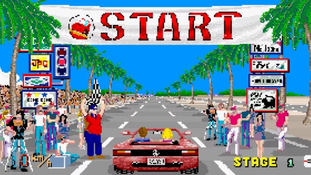 Out Run starting line (cropped) / Cropped close-up of the starting line in driving game Out Run. Rear view of a red convertible with a male driver and female passenger. A large banner above them reads "START". A man standing to the left holds a chequered flag. / Image credit: SEGA