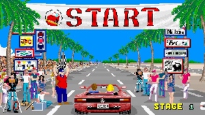 Out Run starting line (cropped) / Cropped close-up of the starting line in driving game Out Run. Rear view of a red convertible with a male driver and female passenger. A large banner above them reads "START". A man standing to the left holds a chequered flag. / Image credit: SEGA