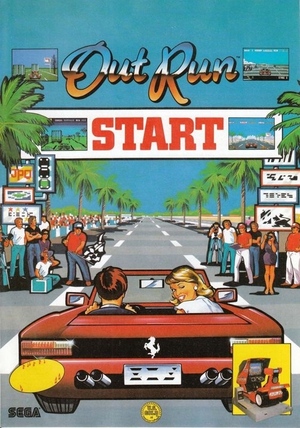 Out Run magazine advert, Power Play, Germany, 1987 / Out Run print ad from Germany's Power Play magazine #1, 1987. Rear-view of a red convertible car at a race start line. The female passenger has turned to wink at us. Spectators line the road. Captions include "Out Run", "SEGA", and "U.S. Gold". / Image credit: SEGA