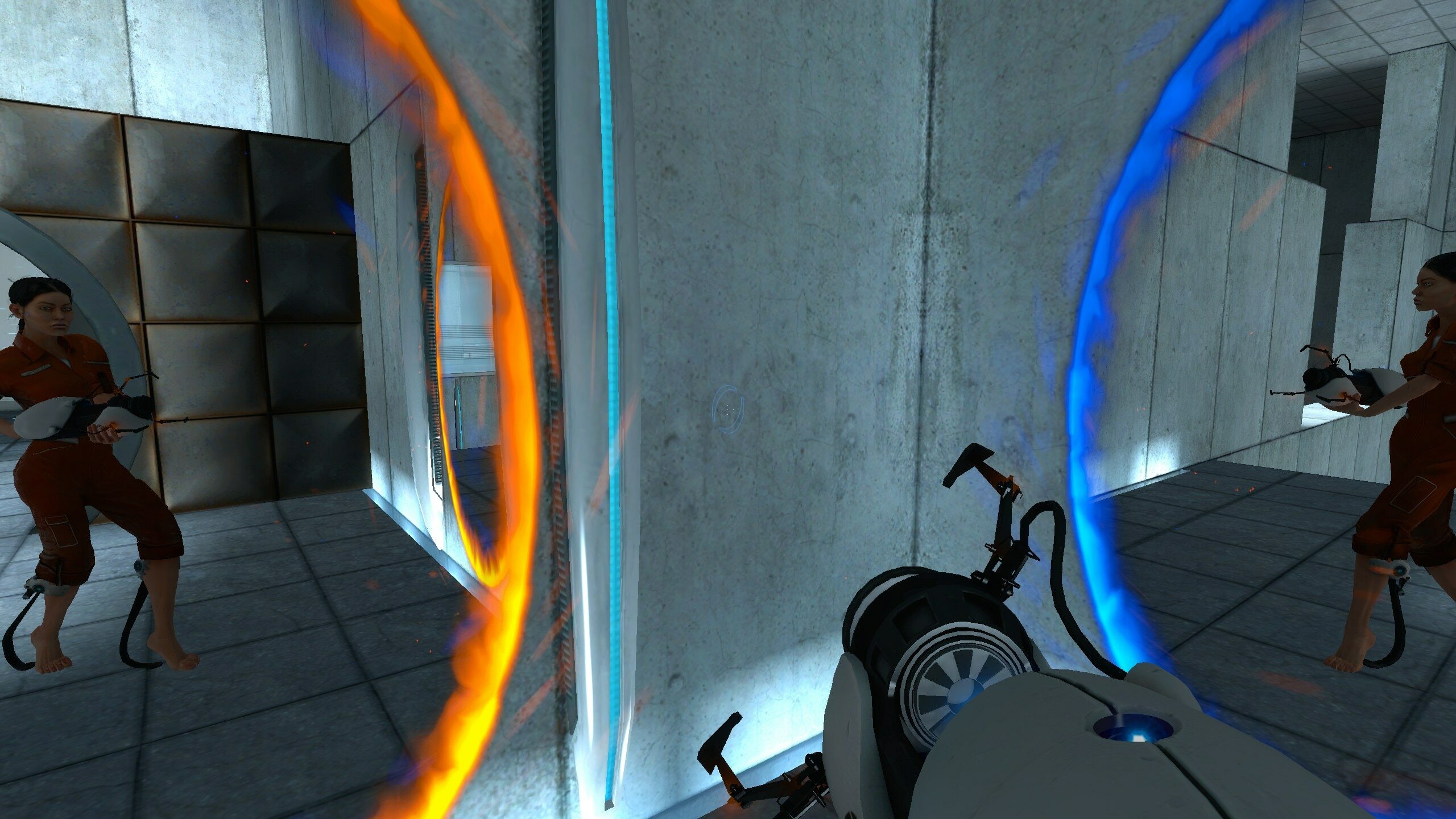 Portal screenshot shared on Steam by catfishbilly97 / First-person view of a grey concrete test chamber with a white portal gun and two portals, one orange and one blue, in the walls. Through the portals we see two views of the holder of the portal gun, a woman with brown hair and wearing a jumpsuit. / Image credit: Valve Corporation