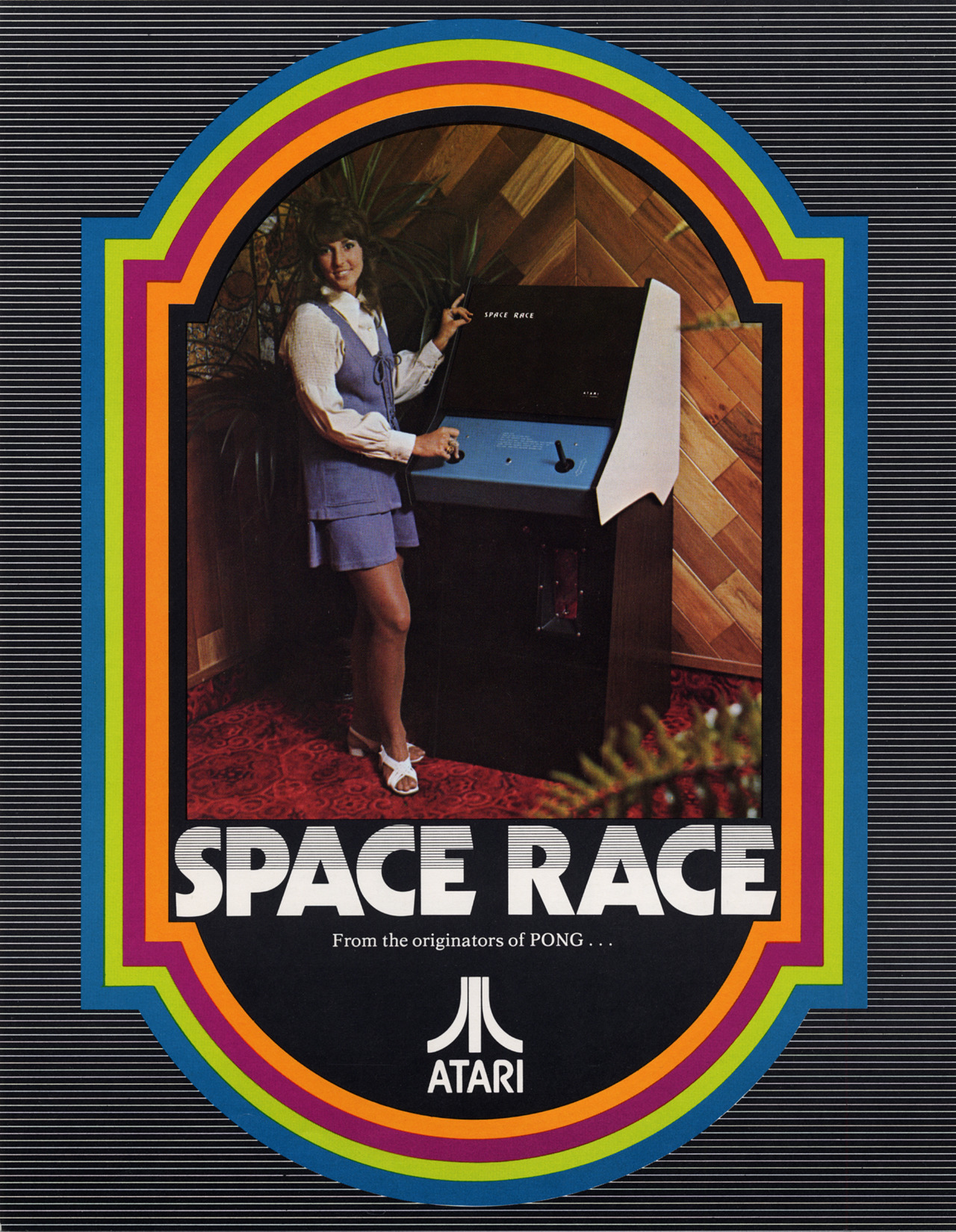 Front of Space Race flyer / Depicts a woman posing in front of a Space Race cabinet, with the game's logo and the Atari logo below / Image credit: FlyerFever