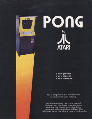 Front of Pong flyer / Depicts a photo of a game cabinet above an orange streak, beside text lauding the product and Atari / Image credit: FlyerFever