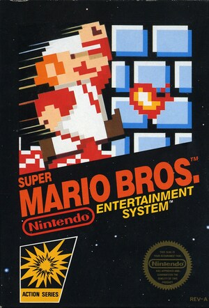 Super Mario Bros. box art (USA) / Depicts an illustration of the titular character's in-game sprite above the game's title and Nintendo Entertainment System branding / Image credit: Nintendo of America