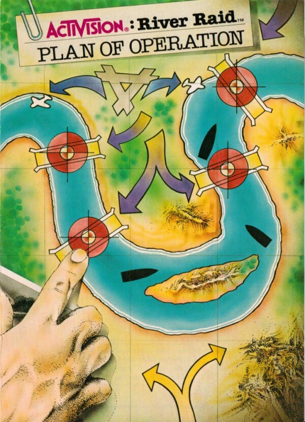 River Raid instruction book cover / A cartoon map of a winding river with four red targets and tactical arrows. A large hand points to one of the targets. Text reads "ACTIVISION: River Raid PLAN OF OPERATION". / Image credit: Activision