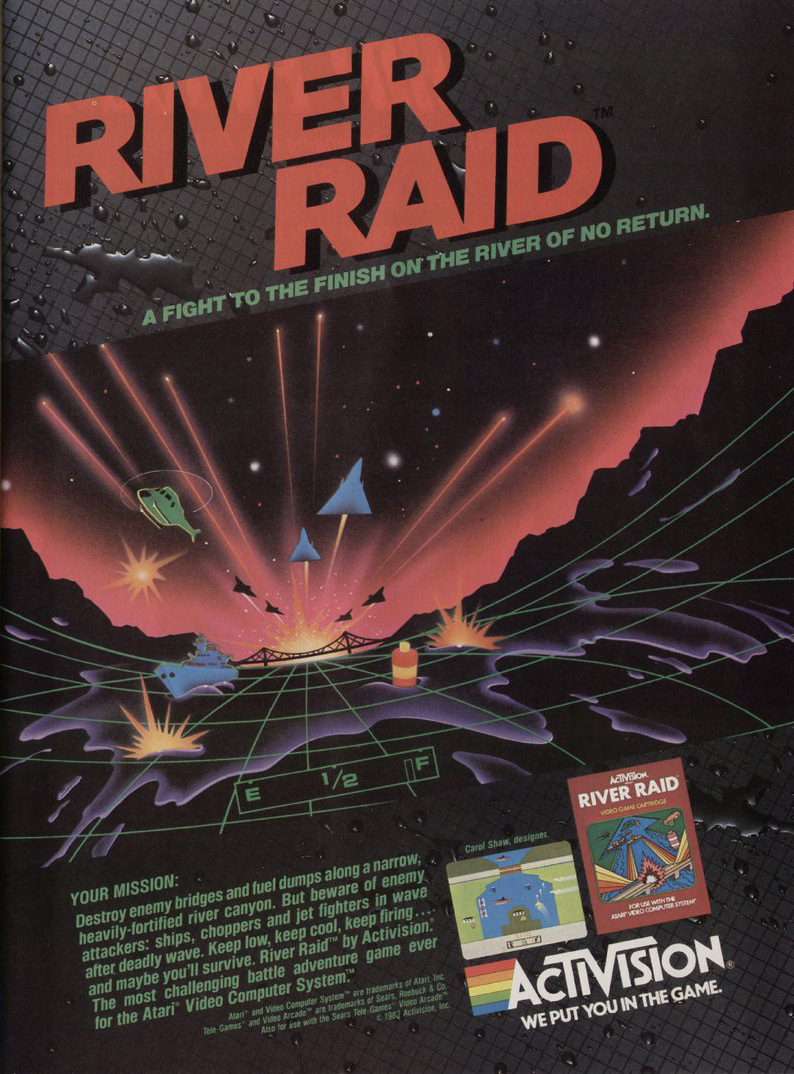 River Raid print advert / Illustration of a night battle with aircraft. Titles read "RIVER RAID: A FIGHT TO THE FINISH ON THE RIVER OF NO RETURN." Smaller copy describes the  player's mission. The box art, a screenshot, and the Activision logo are at the bottom right. / Image credit: Activision