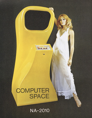 Front of Computer Space flyer / Depicts a blond woman in a white dress posing next to a yellow Computer Space cabinet / Image credit: Flyer Fever