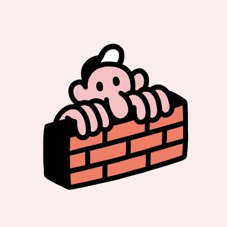 Coal Supper company logo, 2024 / A simple cartoon of a person peeking over a brick wall, with a pale pink background. / Image credit: Coal Supper