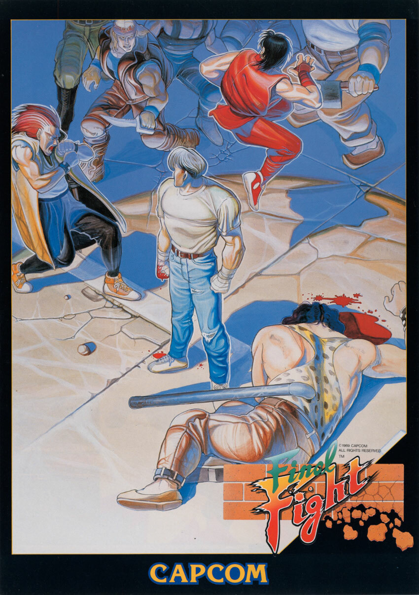 Final Fight arcade flyer, Japan (front) / Colour illustration of a street brawl, with a blond man with white T-shirt and jeans at the centre and a beaten man surrounded by blood on the floor. Text reads "Final Fight" and "CAPCOM". / Image credit: Capcom