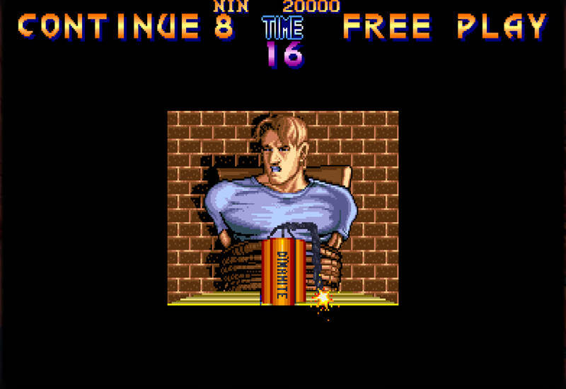 Final Fight continue screen / 16-bit game graphics with a man tied to a chair with dynamite strapped to his front. Text reads "CONTINUE 8", "TIME 16", and "FREE PLAY". / Image credit: Capcom