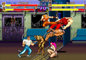 Final Fight subway stage / On a subway train, two men facing right brawl with four enemies facing left. / Image credit: Capcom