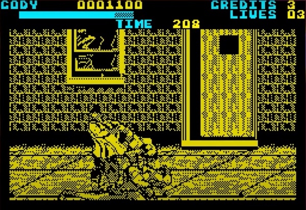 Final Fight for ZX Spectrum / Highly pixellated 8-bit graphics in three colors, depicting a street brawl. On-screen text includes score, time remaining, and lives and credits remaining. / Image credit: Capcom