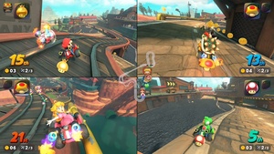 4-player split-screen racing in Mario Kart World / Mario, Bowser, Peach, and Yoshi race thorugh a circuit in a multiplayer game of Mario Kart World. / Image credit: Nintendo