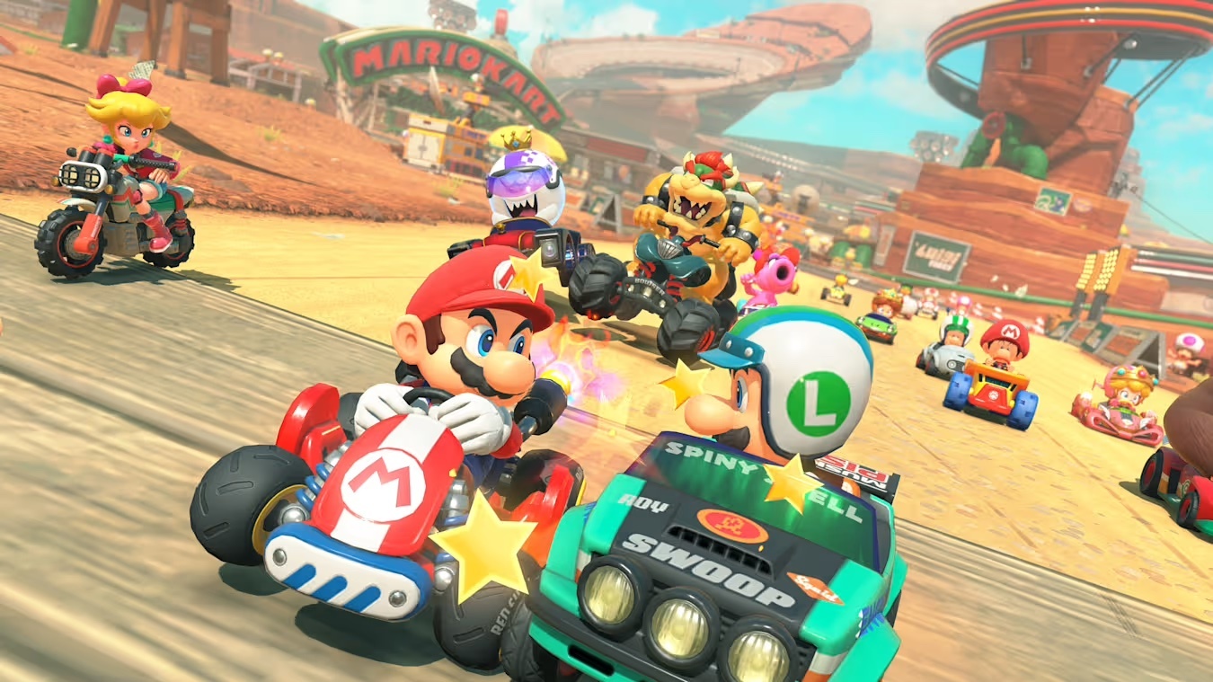 Mario and Luigi clash in Mario Kart World / In-engine visual from Mario Kart World showing Mario and Luigi's vehicles clashing during a race. / Image credit: Nintendo