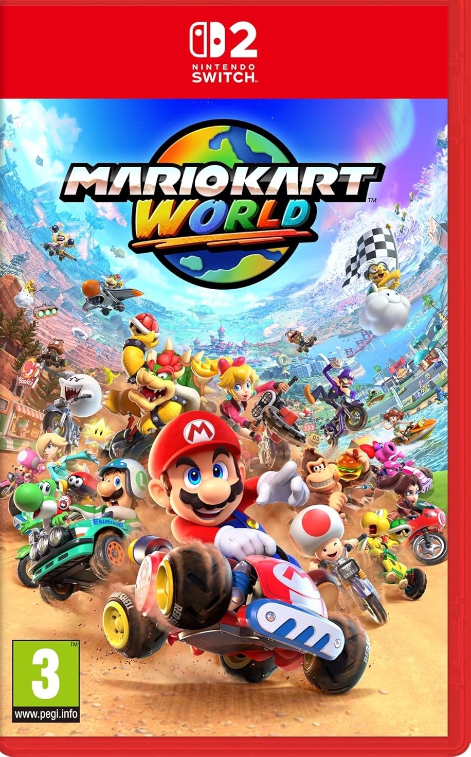Mario Kart World European box art cover / The front of the Nintendo Switch 2 box for Mario Kart World, showing the game title, the PEGI 3 age rating, and a cartoon image of many characters from the game. / Image credit: Nintendo