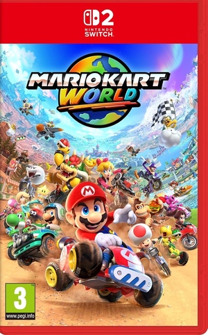 Mario Kart World European box art cover / The front of the Nintendo Switch 2 box for Mario Kart World, showing the game title, the PEGI 3 age rating, and a cartoon image of many characters from the game. / Image credit: Nintendo
