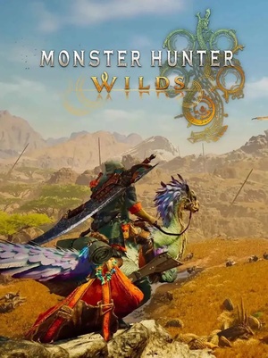 Monster Hunter Wilds poster / Poster illustration with title "MONSTER HUNTER WILDS" and a hunter riding a feathered beast. / Image credit: Capcom