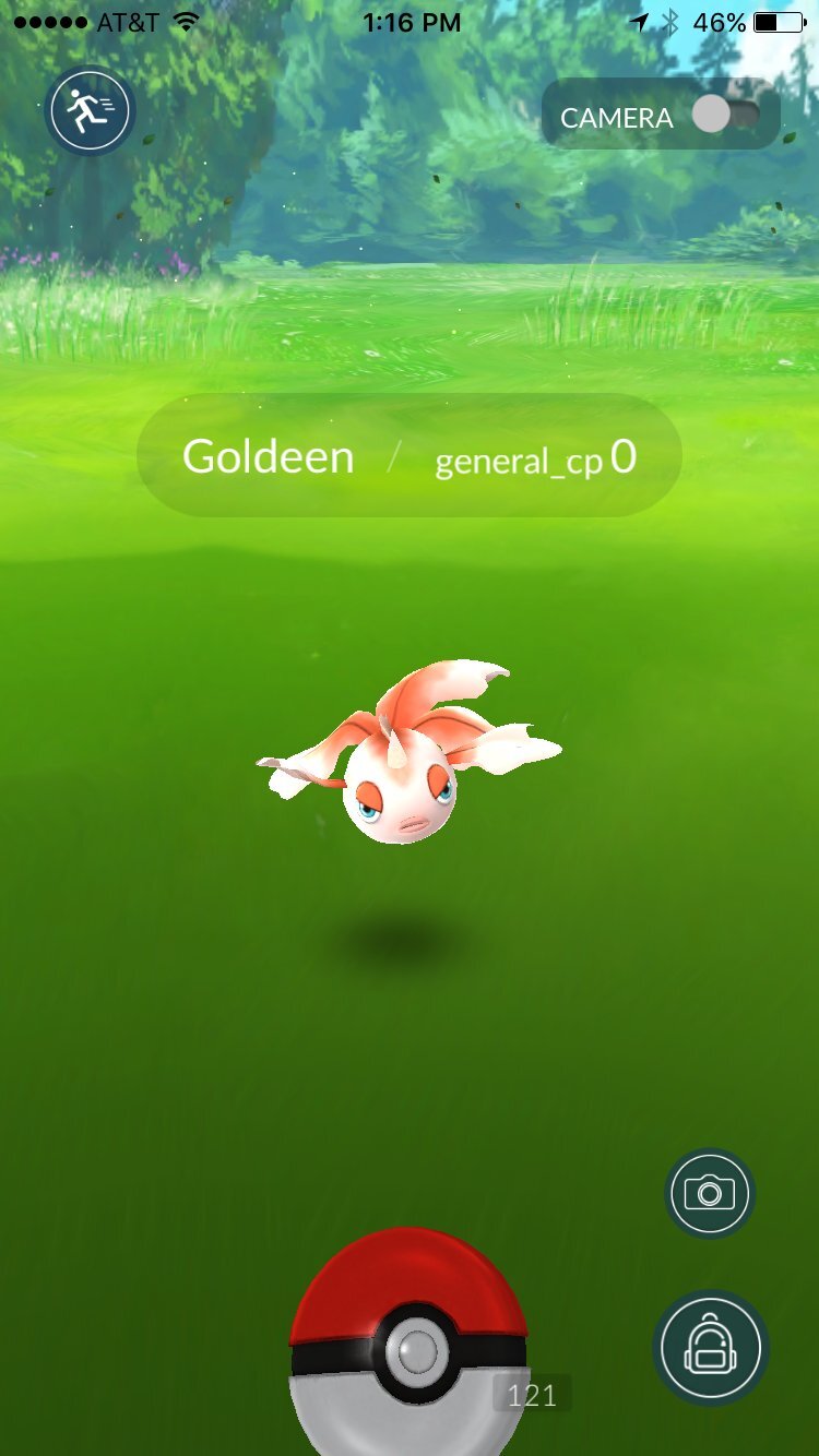 Pokémon Go: catching Goldeen / Sorry, we don't have accessible text for this image :( / Image credit: Niantic, Inc.